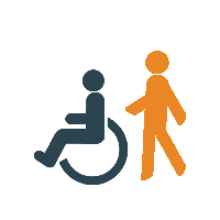 Symbolische Darstellung von Betreuung: Eine Person schiebt einen Rollstuhl mit einem Menschen darin.